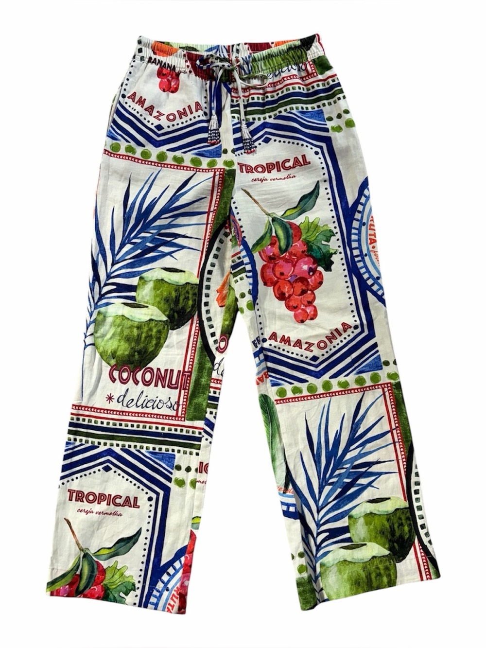 Rachel Zoe Tropical Fruit Botanical Multicolor Wide-Leg Linen Blend Pants Small